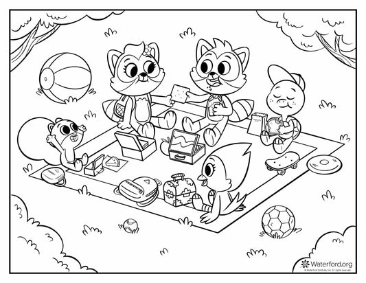 Character Group Picnic Coloring Page - In Stock