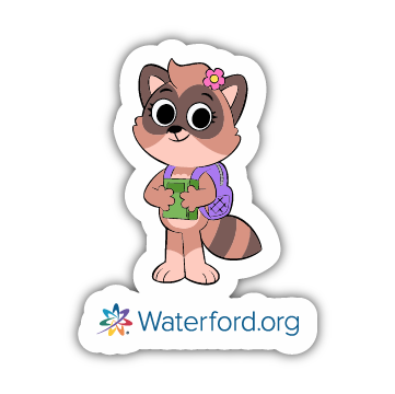 Rosy the Raccoon Die Cut Sticker (with Waterford.org Logo)